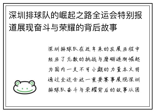 深圳排球队的崛起之路全运会特别报道展现奋斗与荣耀的背后故事